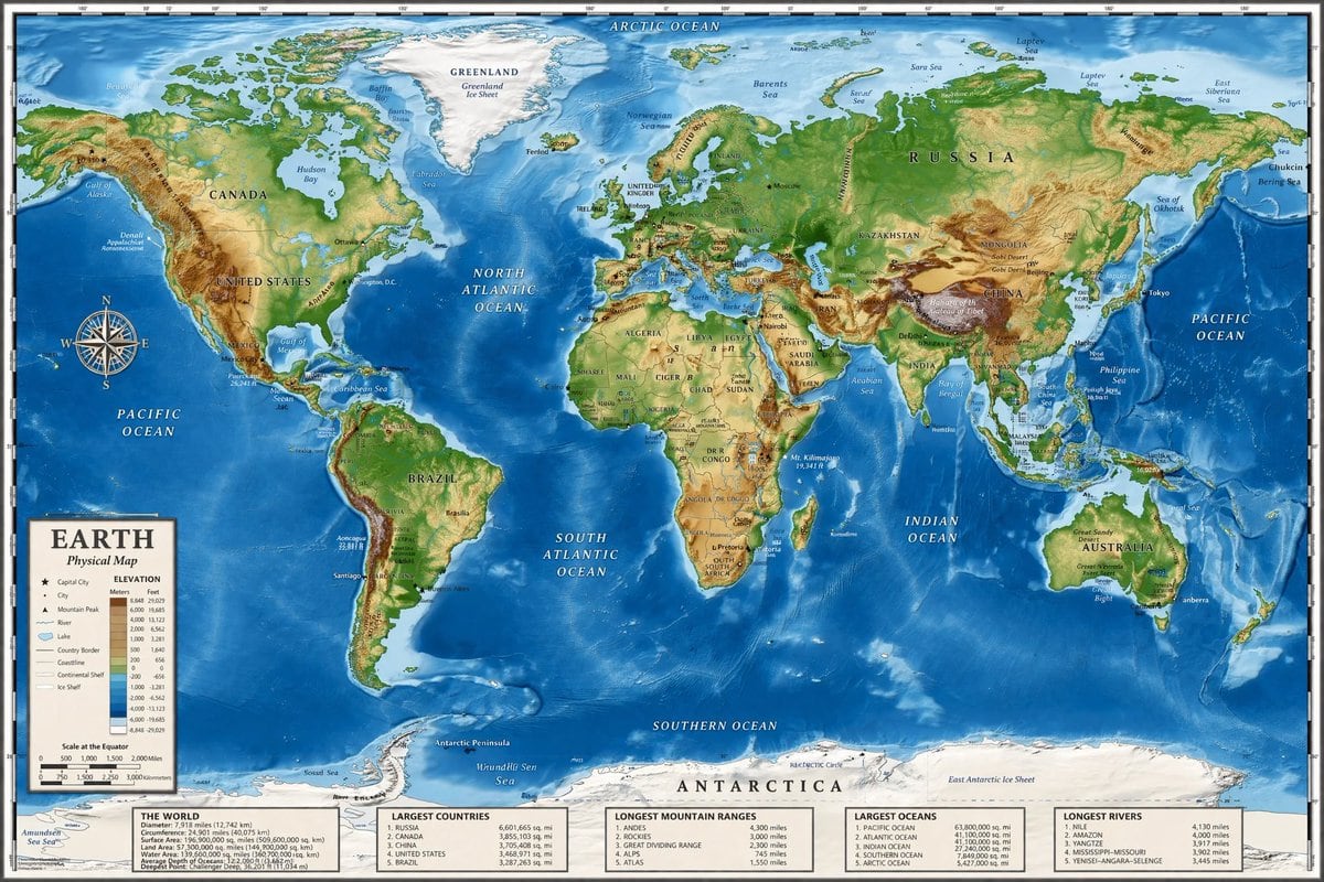 生成一张高度详细的地形世界地图，包含图例、罗盘玫瑰以及底部的五个信息数据面板。