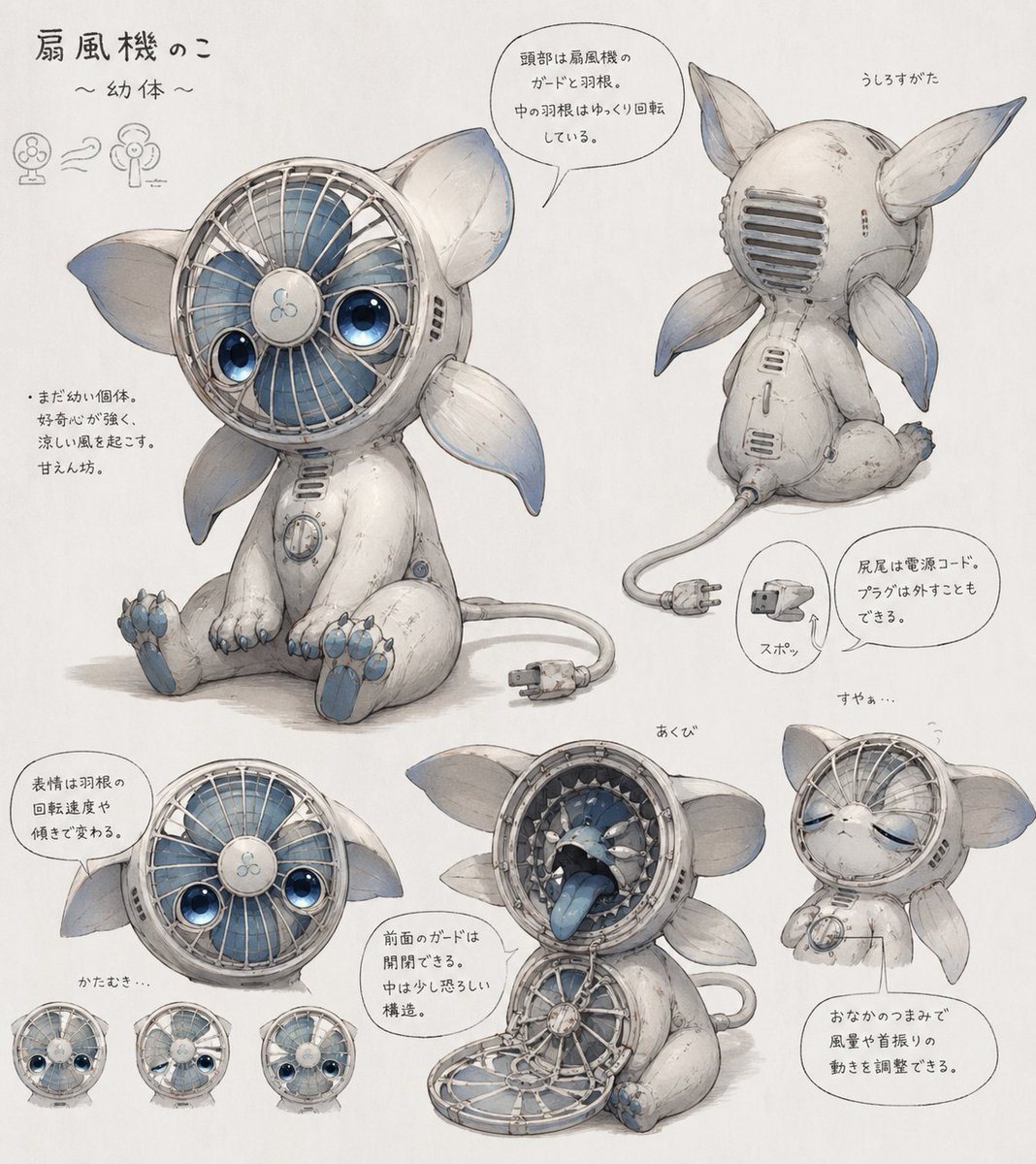 A Japanese-style concept art sheet showing a cute baby electric-fan creature from multiple views with mechanical callouts, ideal for creature design and character development prompts.