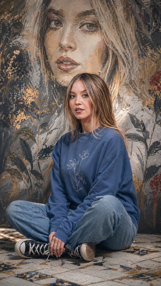 A striking artistic portrait of a charismatic woman (image attached) that precisely captures her face, seated in a serene yet powerful pose. She sits cross-legged on a minimalist floor wi...