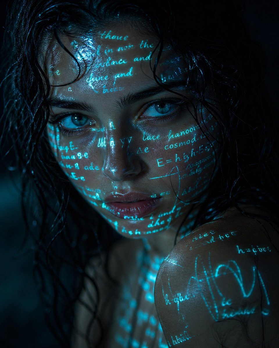 A cinematic, ultra-realistic close-up portrait of a young woman with wet, tousled dark hair and luminous skin, staring directly into the camera with an intense, introspective expression....