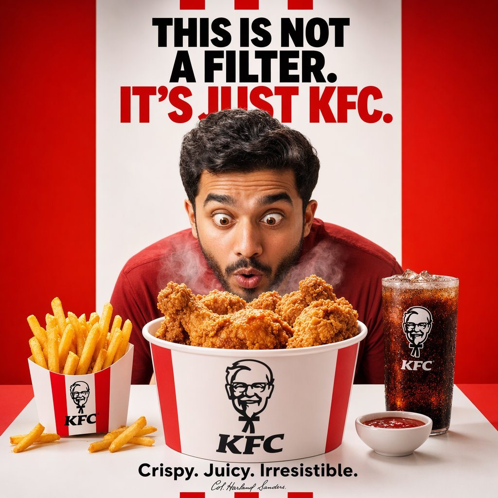 A bold square fast-food advertisement poster in a clean studio setup, designed like a premium KFC campaign. The composition is perfectly centered with a white background panel in the midd...