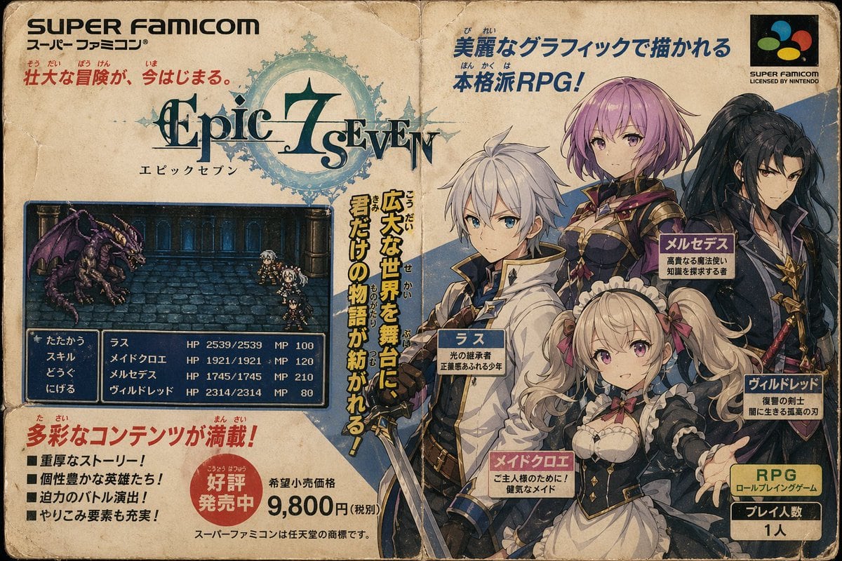 Create a full-page vintage Japanese Super Famicom game box advertisement designed like a worn 1990s magazine spread or game package front, on aged yellowed paper with creases, stains, fra...