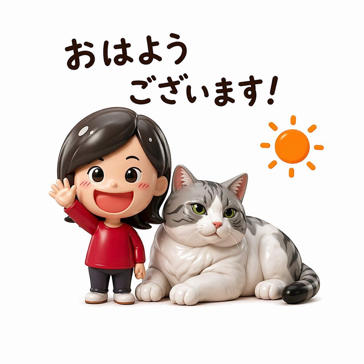 A cute sticker-style 3D figurine illustration on a clean light gray background, designed like a glossy collectible toy render. Show 1 chibi woman and 1 large cat side by side. The woman i...