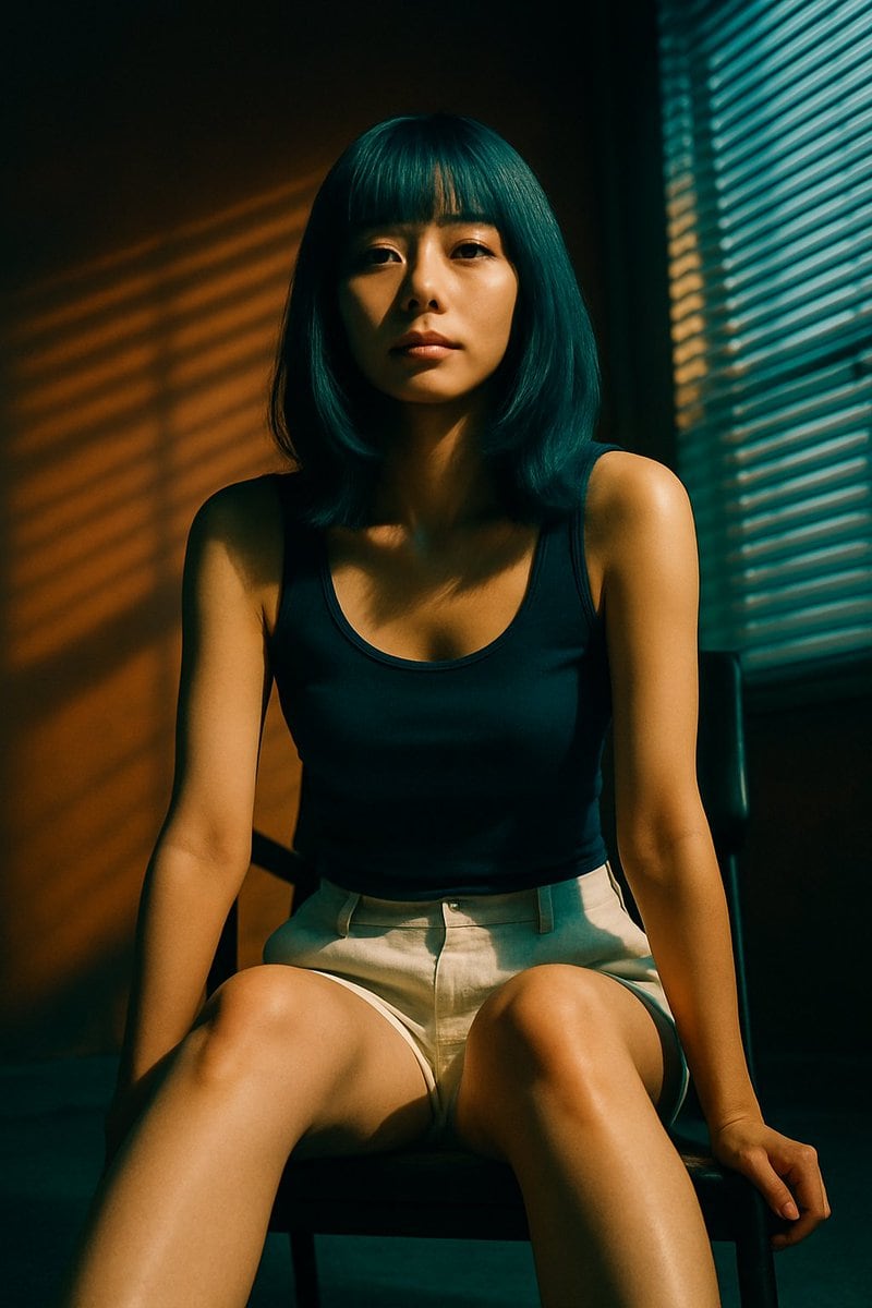 A photorealistic, cinematic portrait of a young East Asian woman sitting on a dark chair. She has shoulder-length bob hair with straight bangs colored teal. She is wearing a navy blue tan...