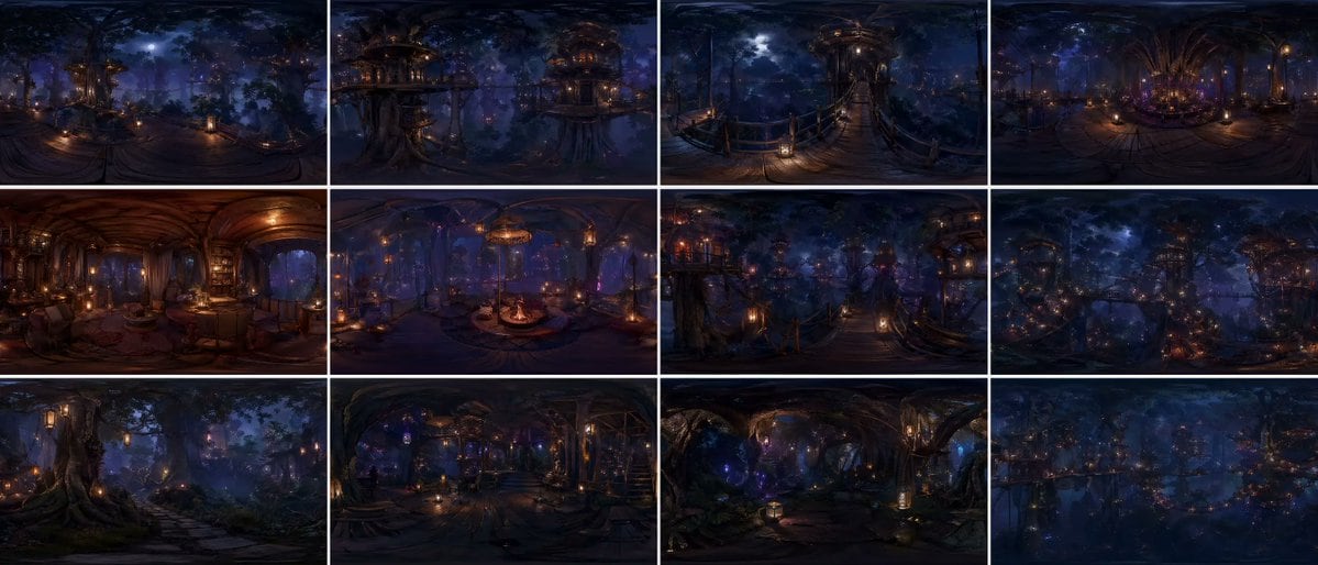 12-panel grid (4x3), each panel is an independent FULL equirectangular 360° panorama of the SAME continuous forest world each panel = complete spherical environment (360° horizontal, 180°...