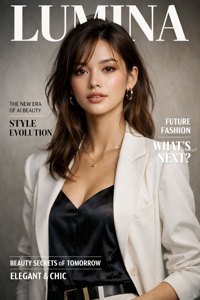 A photorealistic high-end fashion magazine cover titled "LUMINA" in large white serif letters at the top. The cover features a portrait of a beautiful young woman with shoulder-length wav...