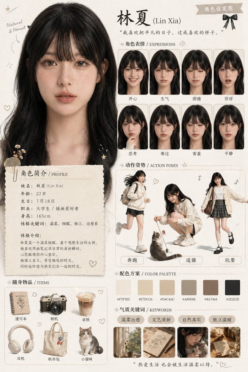 一个基于初始图像生成包含肖像、表情、姿势和性格特征的角色设计海报的提示词。