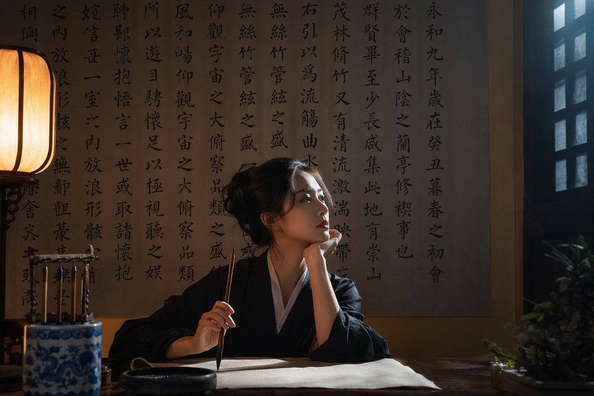 A highly realistic, cinematic photograph of a young Asian woman wearing traditional black and white Hanfu, sitting at a dark wooden desk in a dimly lit traditional study. She holds a call...
