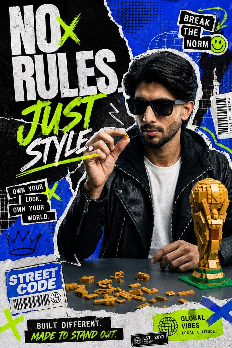 Create a bold streetwear fashion campaign poster with a gritty editorial collage aesthetic. Show a young man from the waist up seated behind a dark table, centered slightly right, with th...