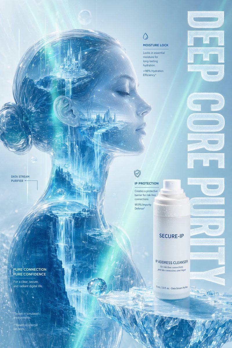 Create a high-end futuristic skincare advertisement poster in icy blue and white tones, vertical 2:3 composition. The scene features a translucent glass female bust in left profile with a...