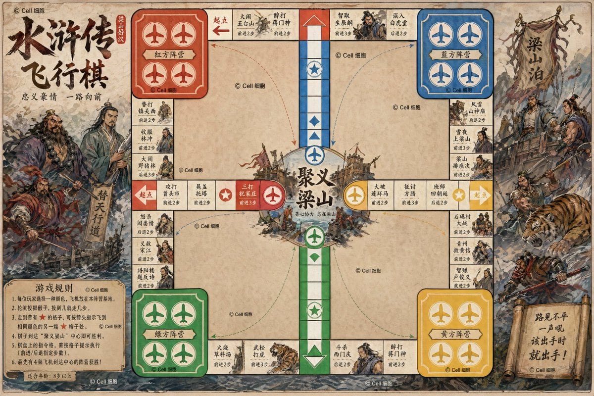 一个为儿童设计的，基于水浒传故事的完整棋盘游戏布局的综合提示词。