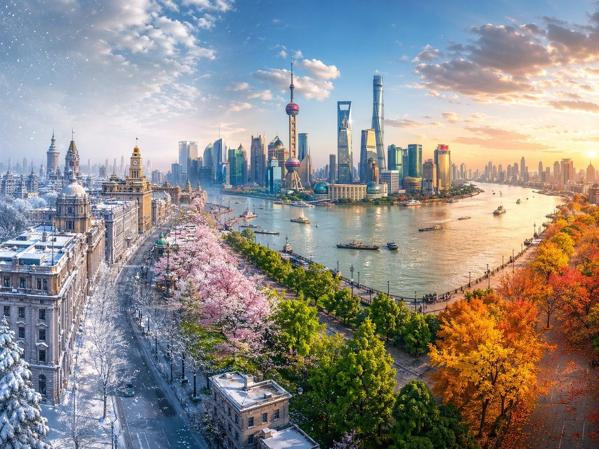 Hyper-realistic digital illustration of the historic Shanghai Bund waterfront looking across the Huangpu River to the futuristic Lujiazui district, presented as a single continuous compos...