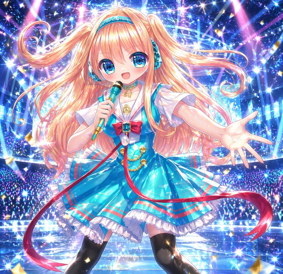 A dazzling anime idol concert illustration of a single female virtual singer performing center stage, shown in a dynamic medium full-body shot from slightly below, with one hand holding a...
