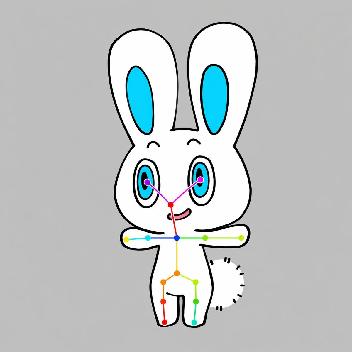 A simple centered full-body illustration of a cute chibi rabbit character on a plain light gray background, drawn in a flat cartoon style with thick clean black outlines and minimal shadi...