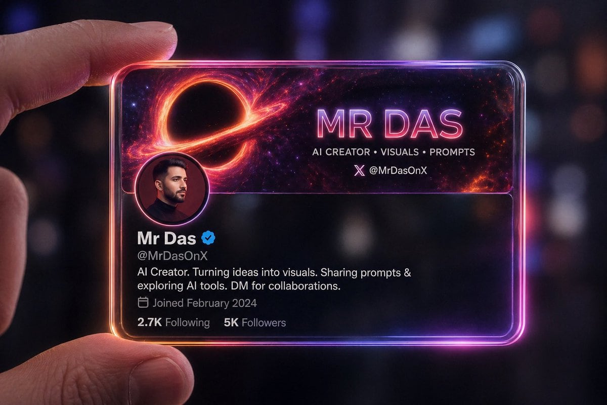 A prompt for creating a futuristic 3D render of a transparent social media profile card designed as a glowing glass ID badge.