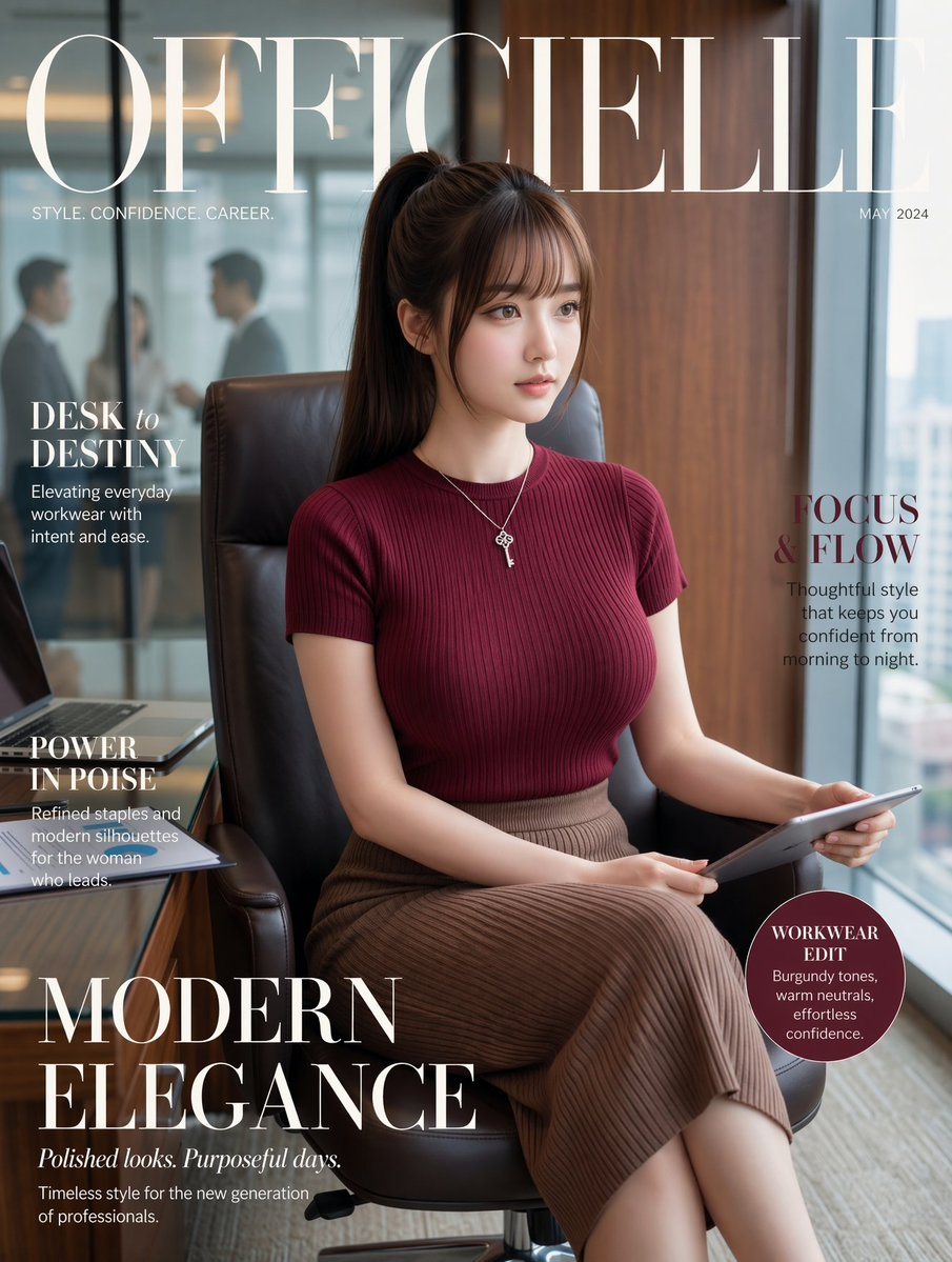 Luxury fashion magazine cover, vertical portrait, featuring a poised young professional woman seated in a black leather office chair in a modern high-rise office. She has dark brown hair...