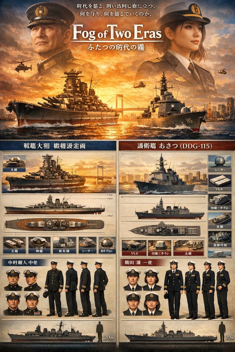 一张电影质感的日式军事风格海报,对比了二战战列舰与现代驱逐舰,非常适合作为演示封面、历史视觉素材或戏剧性的概念关键视觉图。