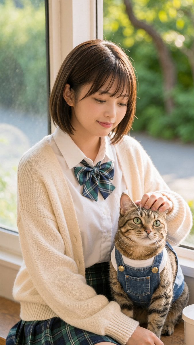 A warm, photorealistic indoor portrait beside a large sunlit window, showing a young woman in a Japanese school uniform sitting on a wooden windowsill with a tabby cat on her lap. The wom...