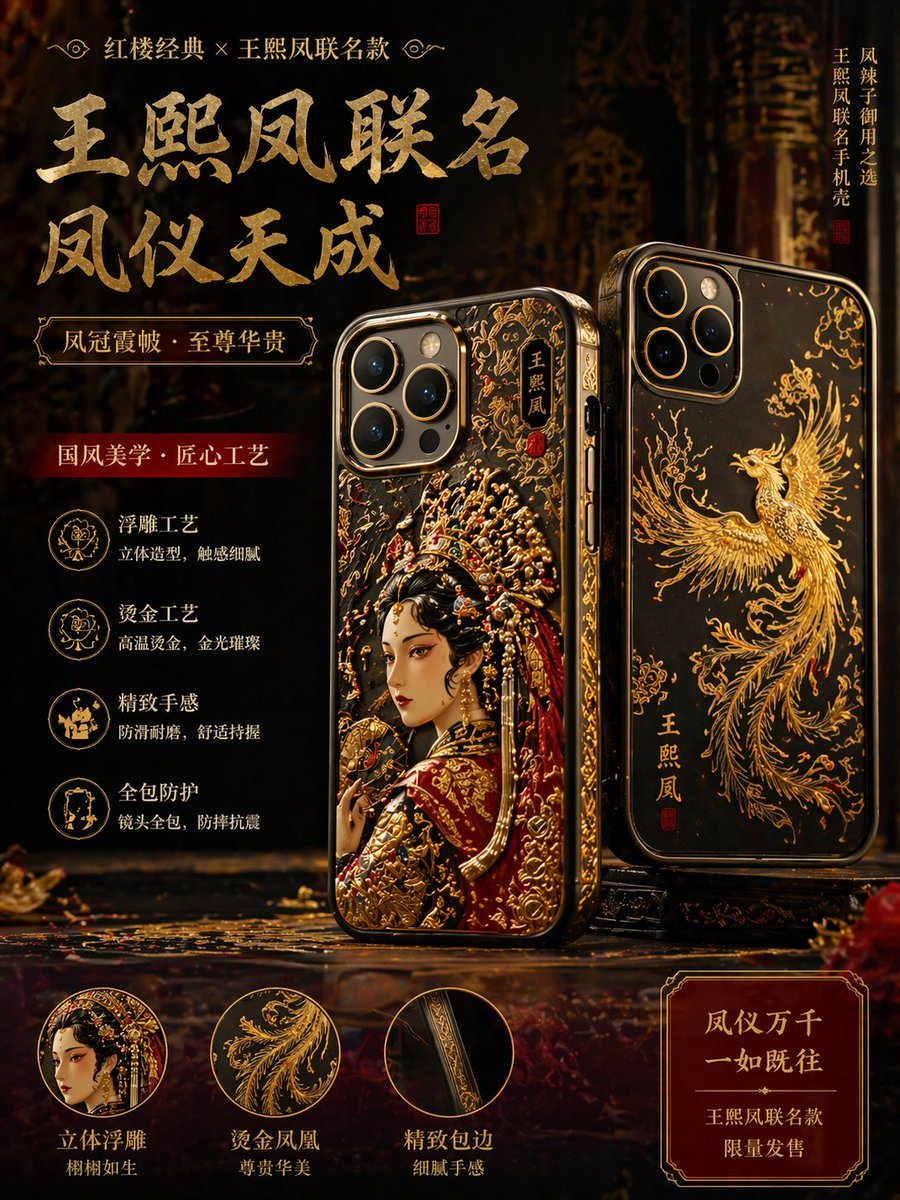 一款以中国古典文学为灵感，融合金色浮雕与凤凰元素的装饰性手机壳设计提示词。