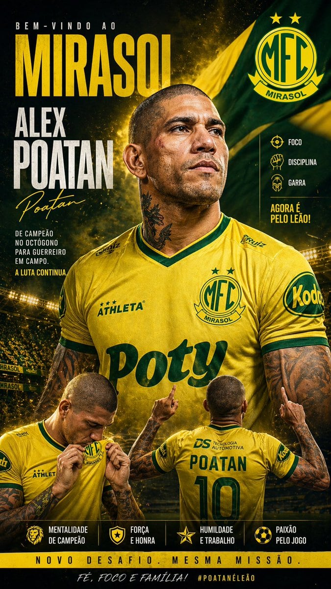 Create a dramatic Brazilian football club signing announcement poster in a vertical 2:3 layout, with a gritty high-contrast sports-marketing aesthetic in yellow, dark green, black, and go...