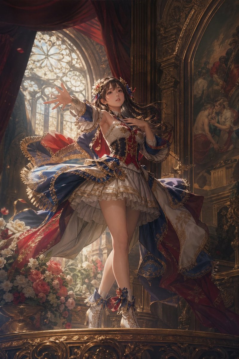 This prompt generates a dramatic full-body anime-style heroine in an ornate palace interior, ideal for high-end fantasy illustration, character key art, or elegant AI art showcases.
