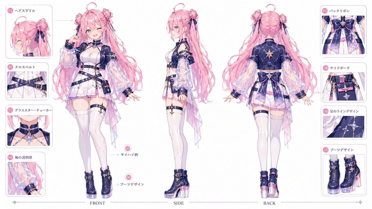一个用于生成高质量动漫风格 VTuber 角色的简单提示词,包含粉色头发等特定美学特征。