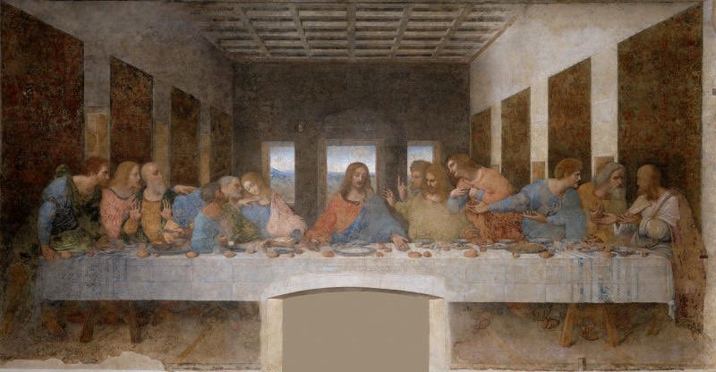 Using the provided reference image of The Last Supper, recreate the same mural as a clean, straightforward full-frame photograph of the artwork itself. Keep the original composition, the...