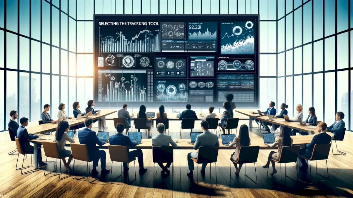 A wide cinematic corporate boardroom scene in a bright modern glass-walled office with floor-to-ceiling windows and a panoramic city skyline faintly visible outside. Around 22 business pr...