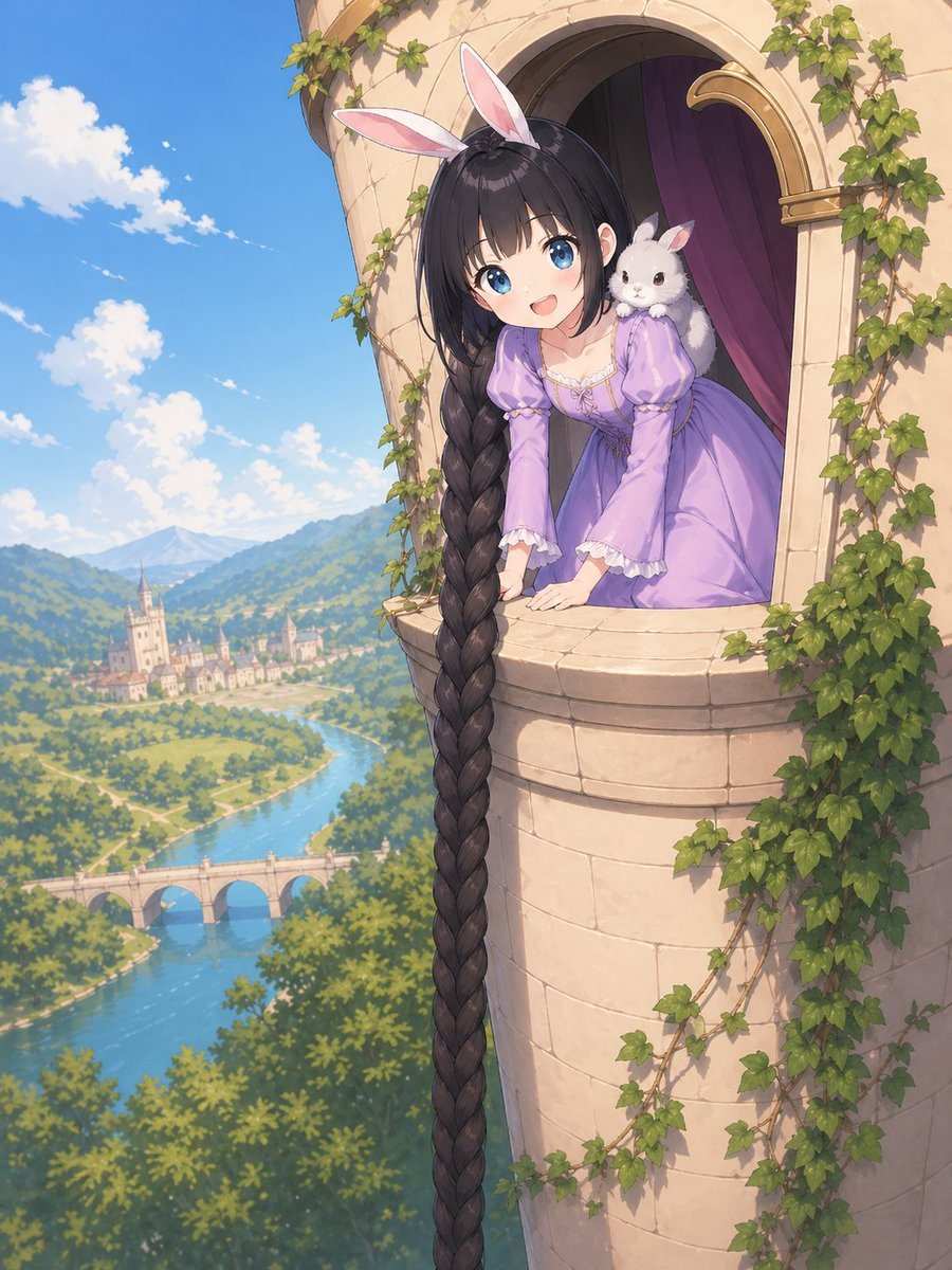 A polished fantasy anime illustration of a Rapunzel-like princess with an extremely long braid leaning from an ivy-covered tower above a scenic river valley, ideal for fairytale-themed character art or storybook visuals.