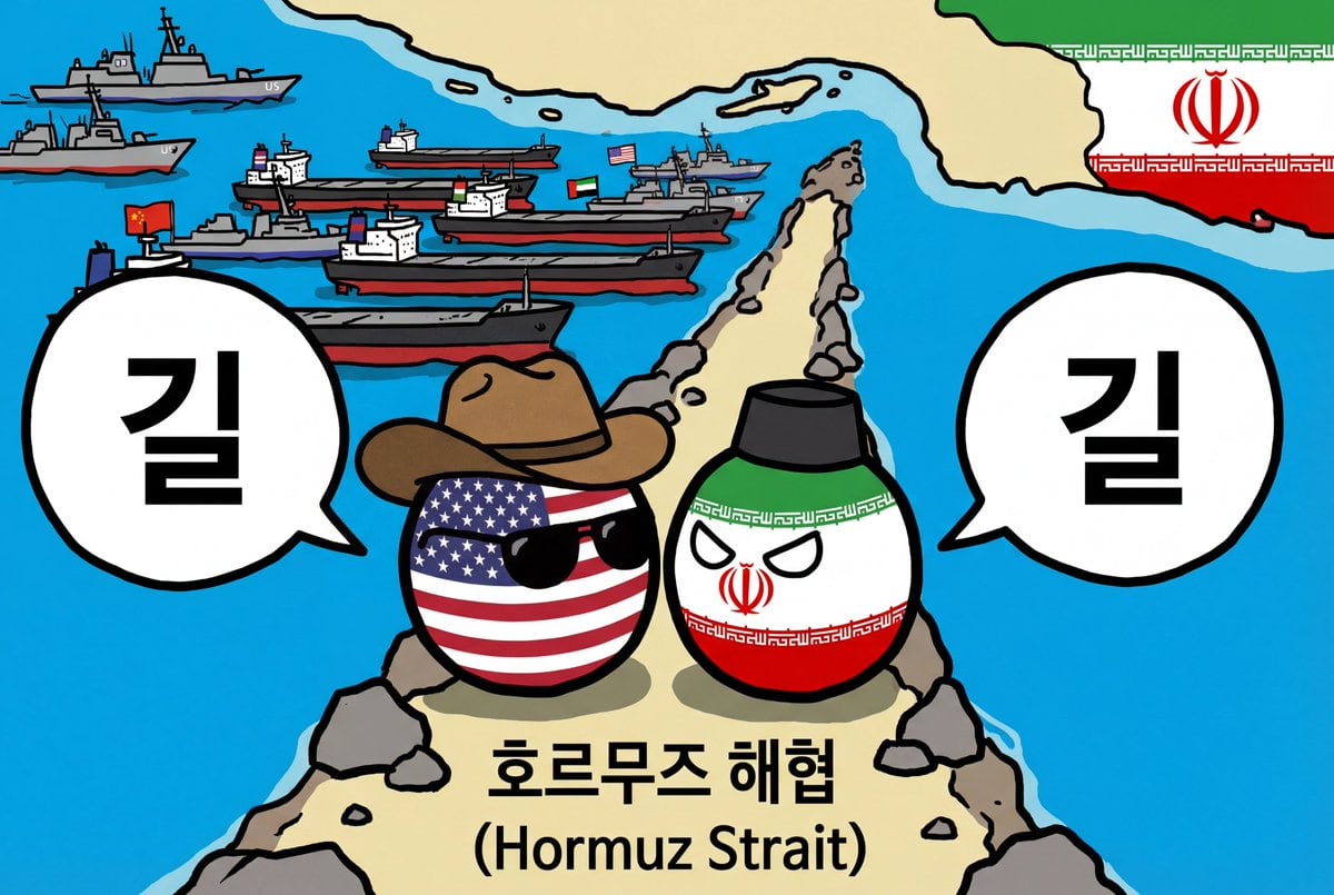 此提示词可生成一张讽刺性的国家球 (countryball) 模因图，展示美国和伊朗在霍尔木兹海峡互不相让的情景，适用于社论幽默或地缘政治社交媒体帖子。