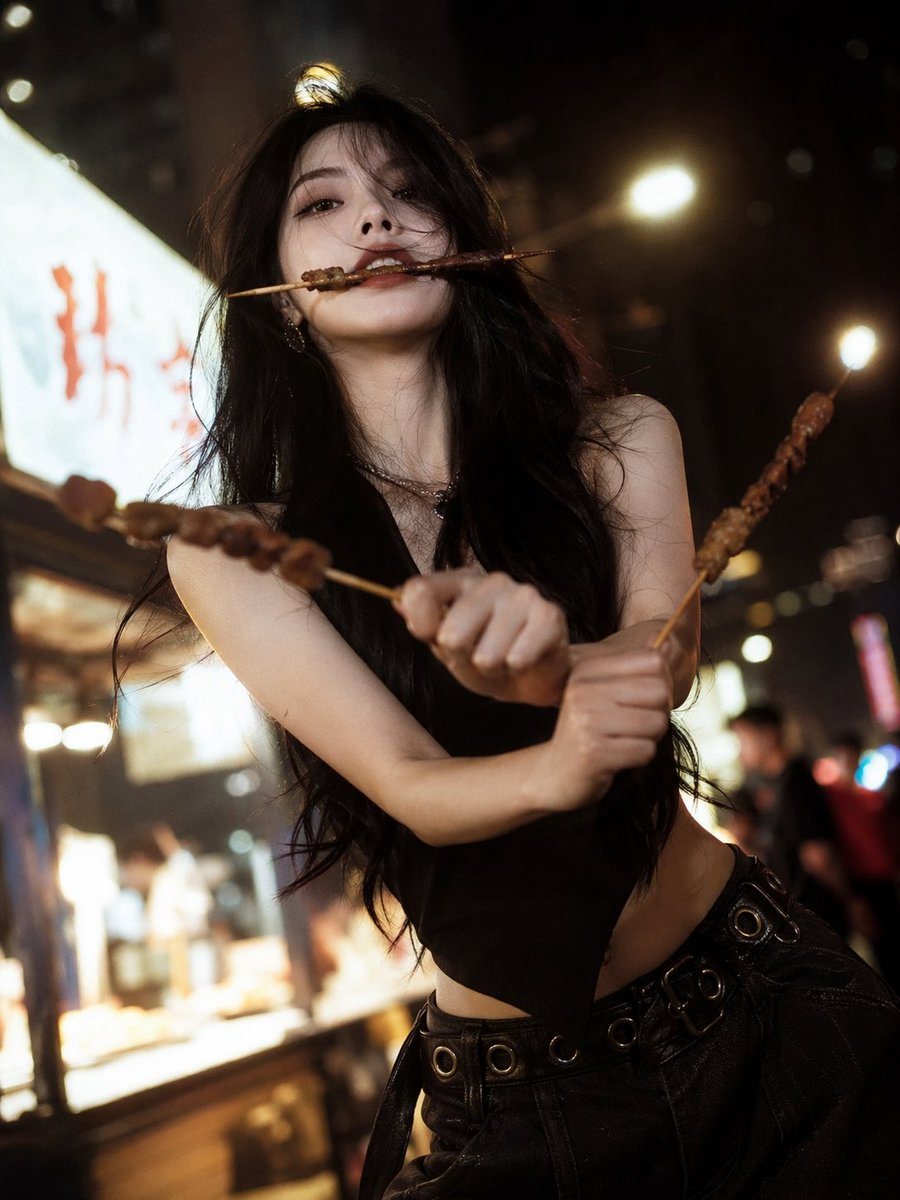 a stunning beauty with a cool, aloof atmosphere, delicate facial features, a cold and sophisticated high-fashion face, long hair, and a graceful slender figure; barbecue “three-sword styl...