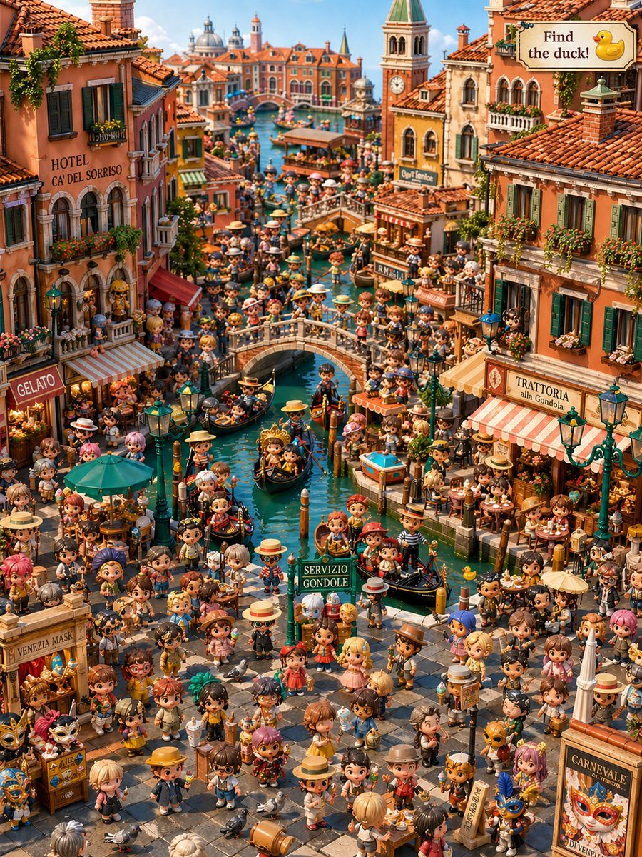 This prompt generates a dense, adorable Venice travel diorama packed with chibi characters and hidden-object details, ideal for scavenger-hunt puzzle art and social media travel posts.