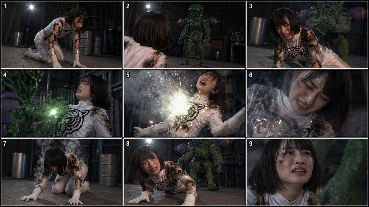 Generates a 9-panel live-action tokusatsu-style storyboard sheet of a damaged superheroine being attacked by a reptilian monster in a dark industrial warehouse.