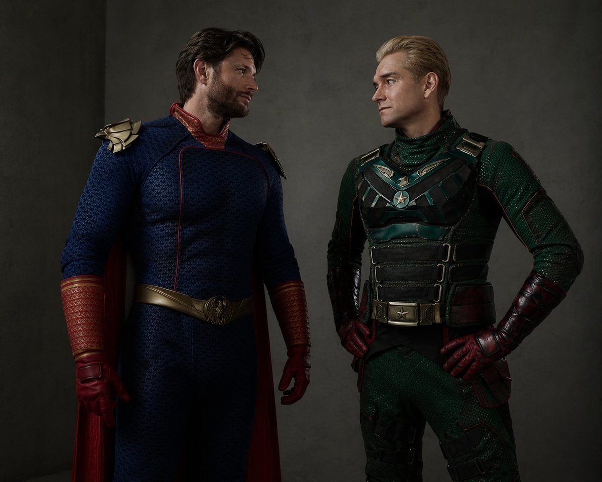 Generates a cinematic studio portrait of two actors wearing swapped superhero costumes facing each other.