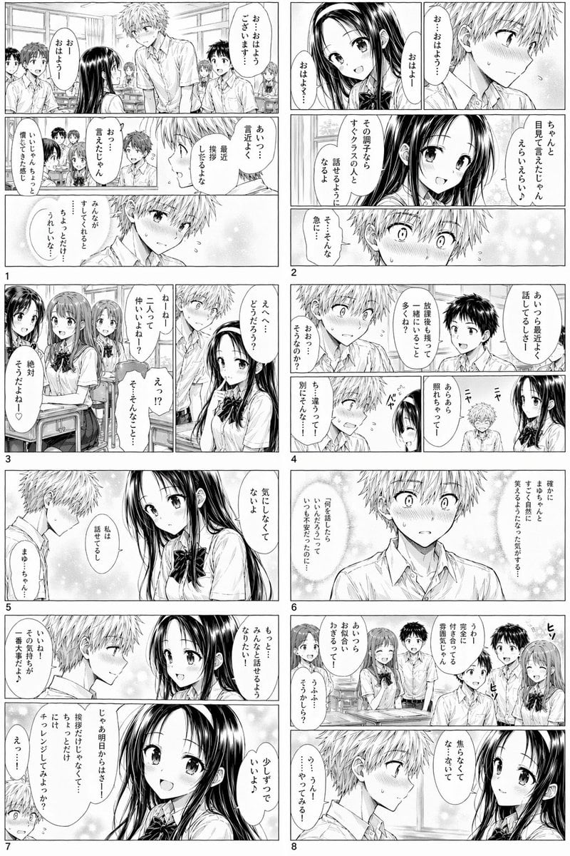一页精致的黑白漫画，描绘了害羞男生与长发女同学在教室里逐渐拉近距离的场景，非常适合生成原创浪漫漫画情节。