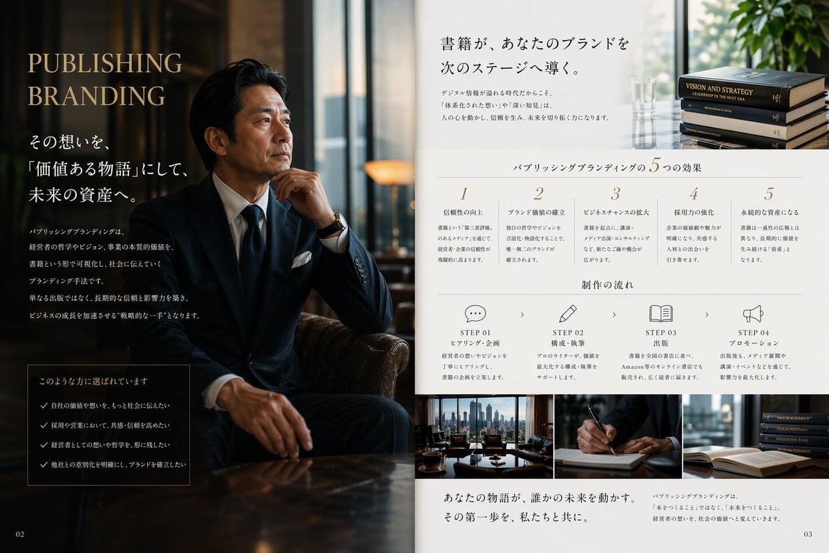 此提示词旨在生成高端日式杂志风格的双页宣传排版,适用于出版与品牌服务,是宣传册、公关视觉图及企业营销的理想选择。