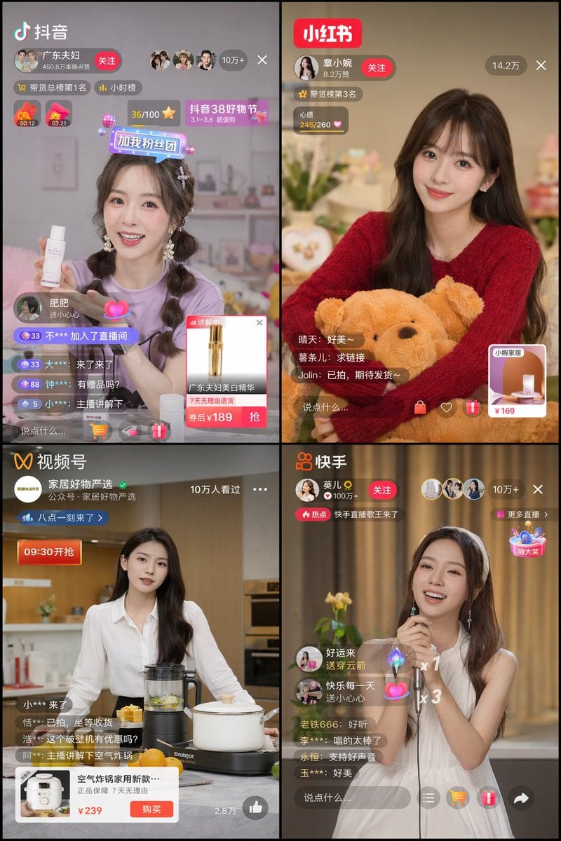 Ready-to-edit 2x2 grid of mobile live streaming app interfaces image prompt.