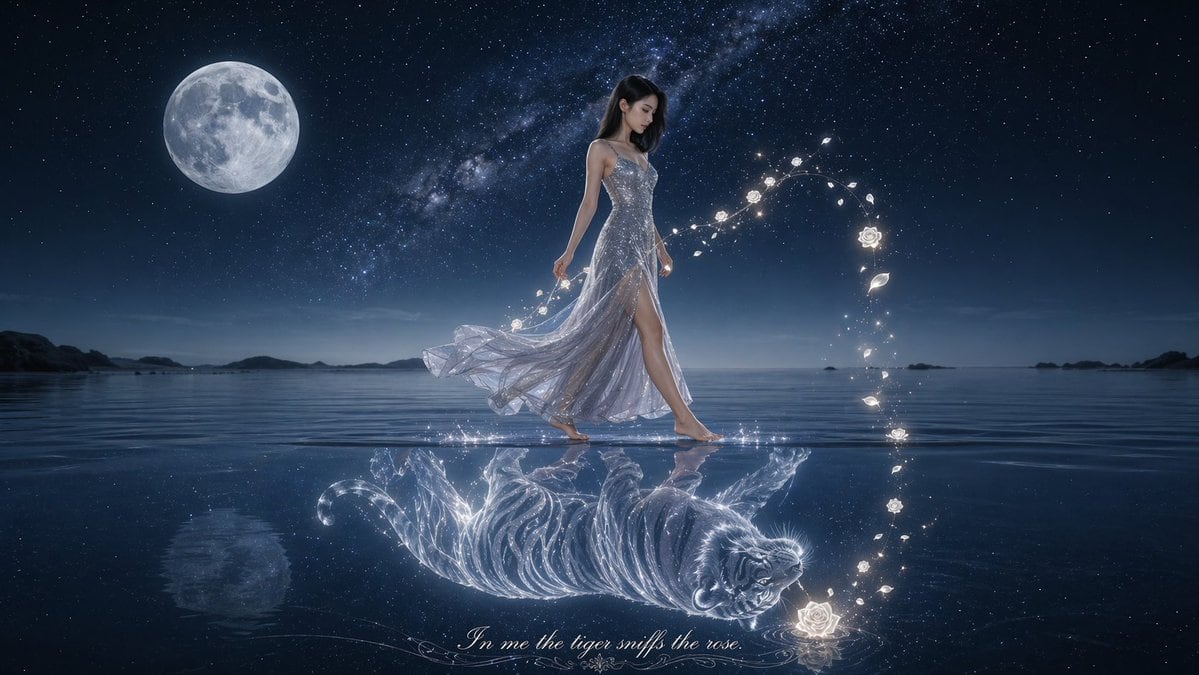 A dreamy cinematic fantasy night scene on a calm reflective sea under a deep indigo star-filled sky, with 1 large full moon in the upper left and the Milky Way stretching diagonally acros...