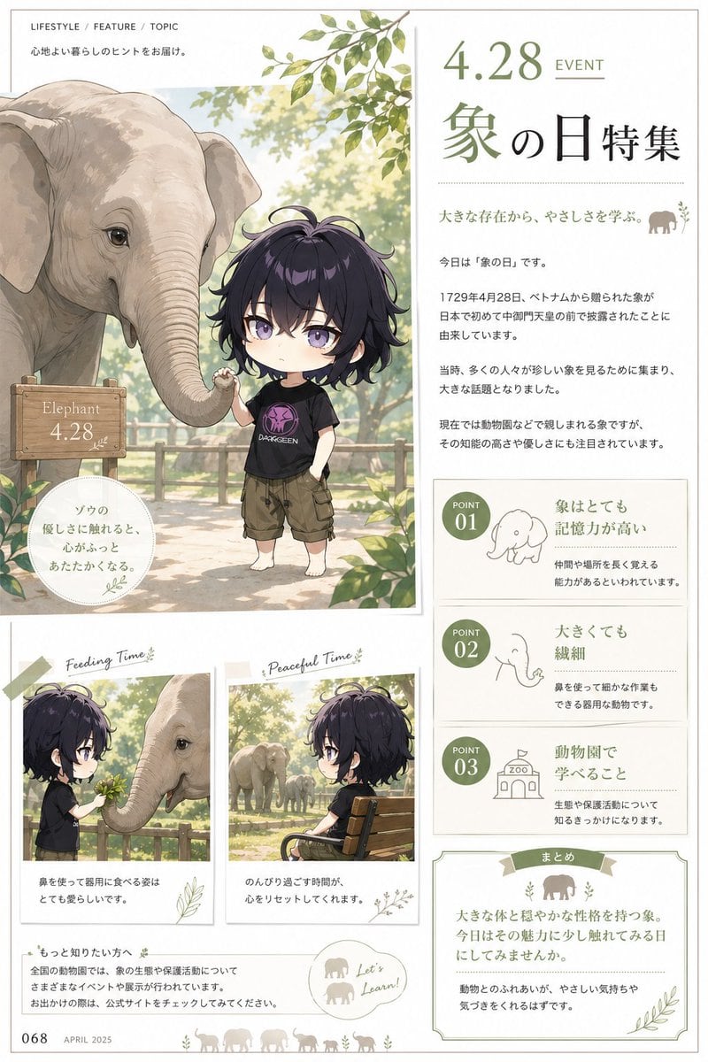 This prompt generates a polished Japanese editorial-style magazine page about Elephant Day, ideal for seasonal feature graphics, lifestyle spreads, or educational zoo-themed art.