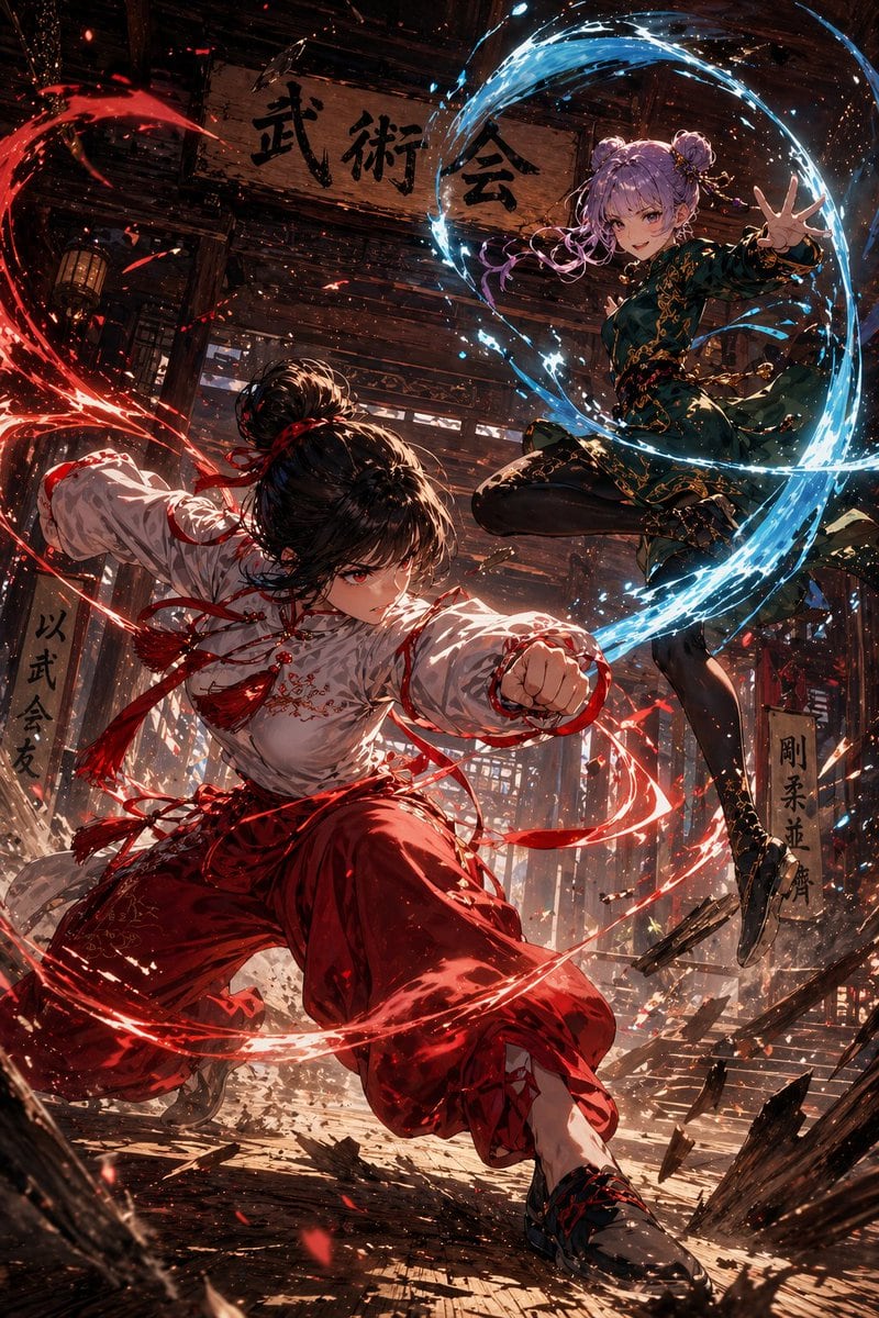 A dramatic anime action illustration inside an old wooden martial arts hall, showing two young women in mid-battle with explosive motion and elemental energy trails. In the foreground, a...