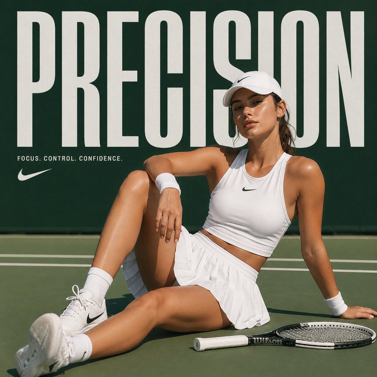 High-fashion sports editorial campaign, female tennis athlete in crisp white pleated skirt, fitted performance crop top and white visor cap, seated casually on a professional green tennis...