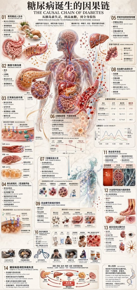 A dense bilingual medical poster explaining the full progression of diabetes from glucose intake and insulin dysfunction to systemic complications, suitable for educational or editorial health visuals.