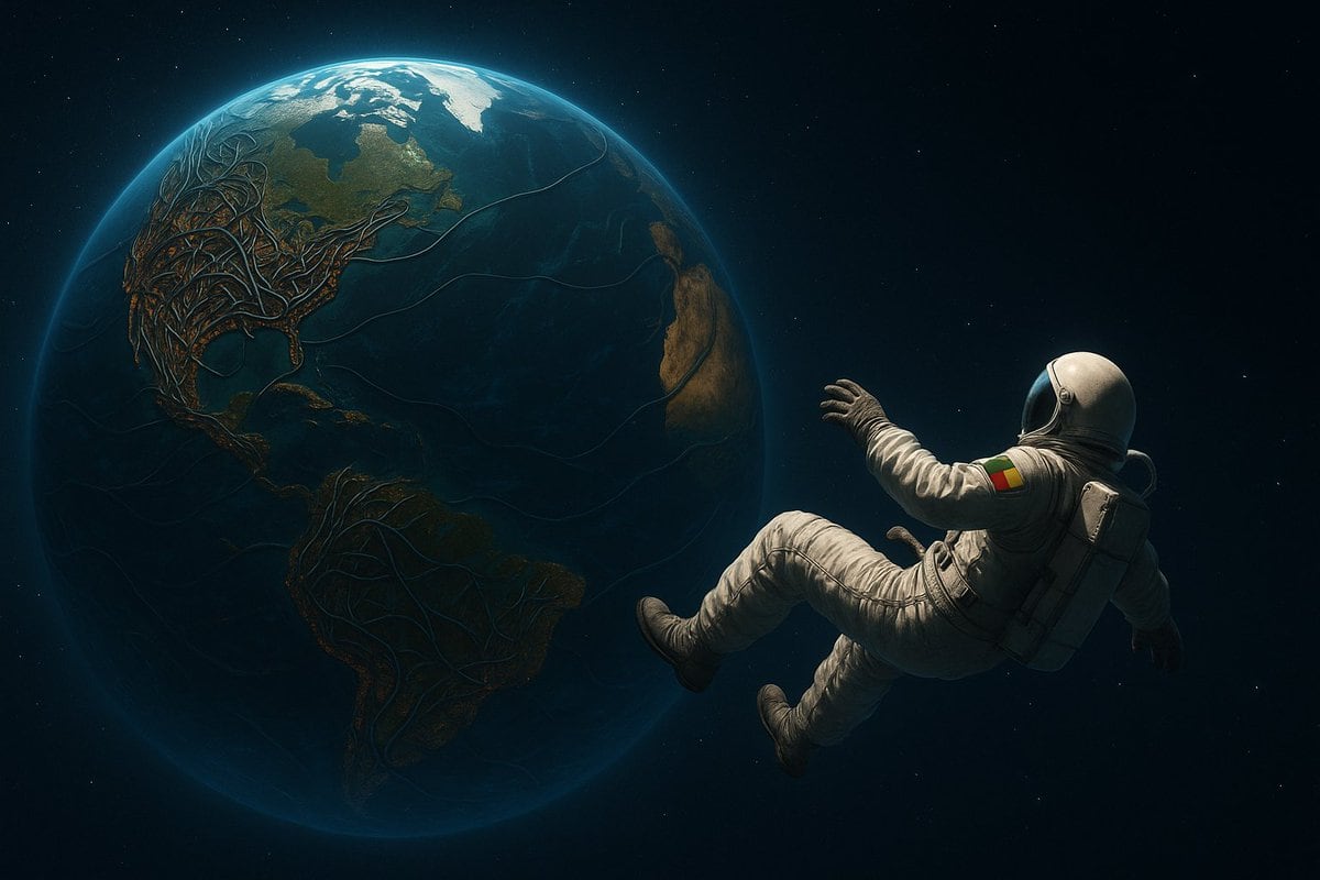 A cinematic surreal space scene showing 1 astronaut floating in open space beside Earth, with the planet dominating the left side of the frame and the astronaut on the right, drifting bac...