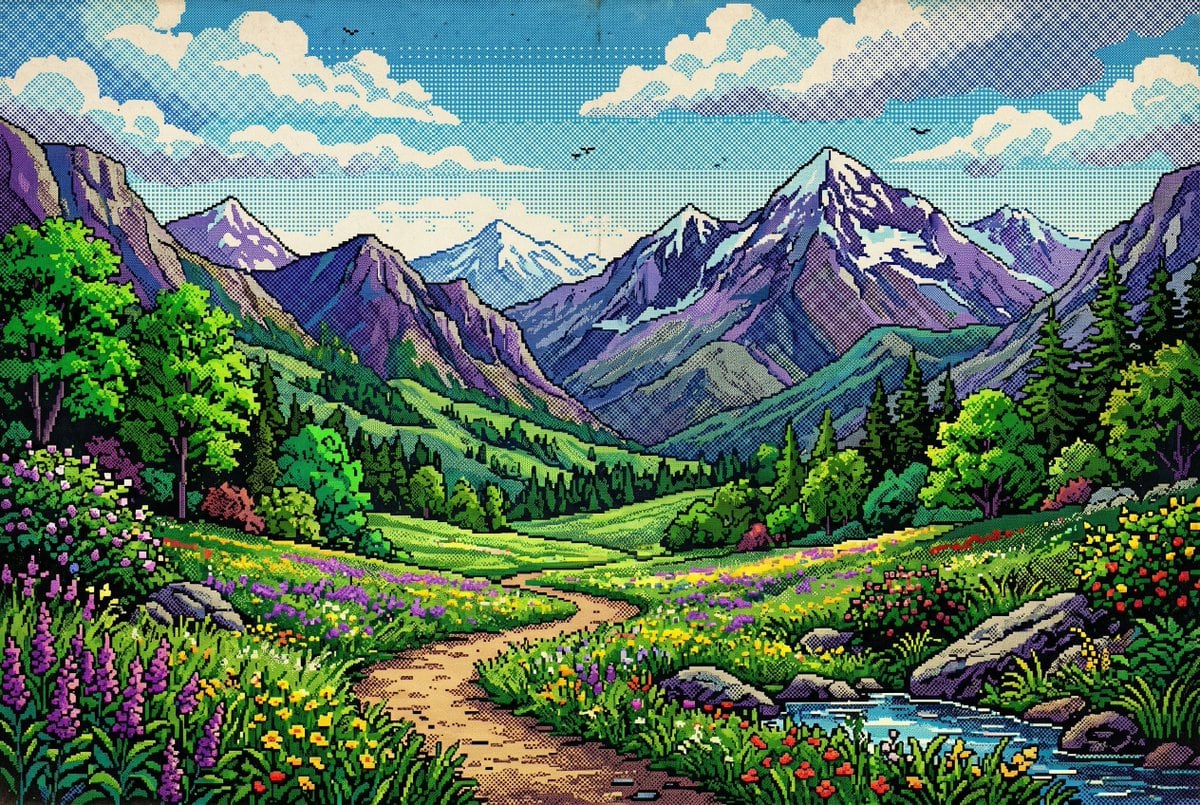 A highly detailed retro pixel art landscape of a bright alpine valley in summer, composed like a classic side-scrolling video game background but shown as a wide scenic vista. In the fore...