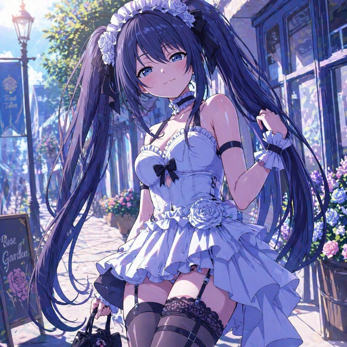 A highly detailed anime illustration of a fashionable young woman on an elegant daytime outing in a European-style flower street, shown in a full-body to three-quarter standing pose. She...
