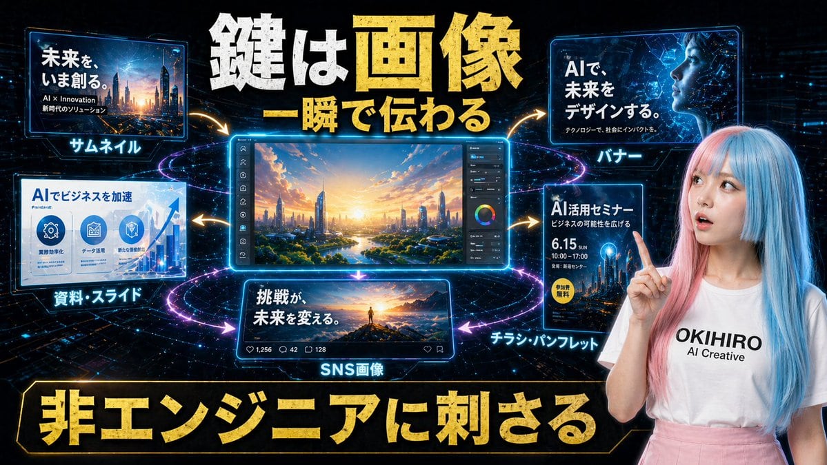 Create a futuristic Japanese promotional hero graphic for an AI creative service, designed like a high-impact social media ad or presentation slide. Use a dark black-and-deep-blue cyber b...