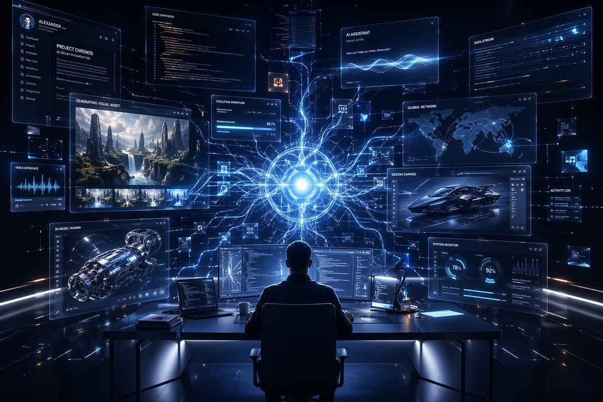 A cinematic futuristic control-room workspace in a dark premium tech aesthetic, viewed from behind a single person seated at a sleek desk, centered in the foreground, facing a wall of flo...
