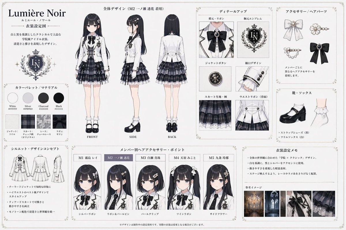 Ready-to-edit anime costume design reference sheet image prompt.