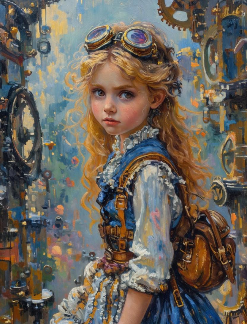 This prompt generates a vertical oil-painted steampunk character portrait in a gear-filled workshop, useful for fantasy character art, avatars, or stylized concept illustrations.