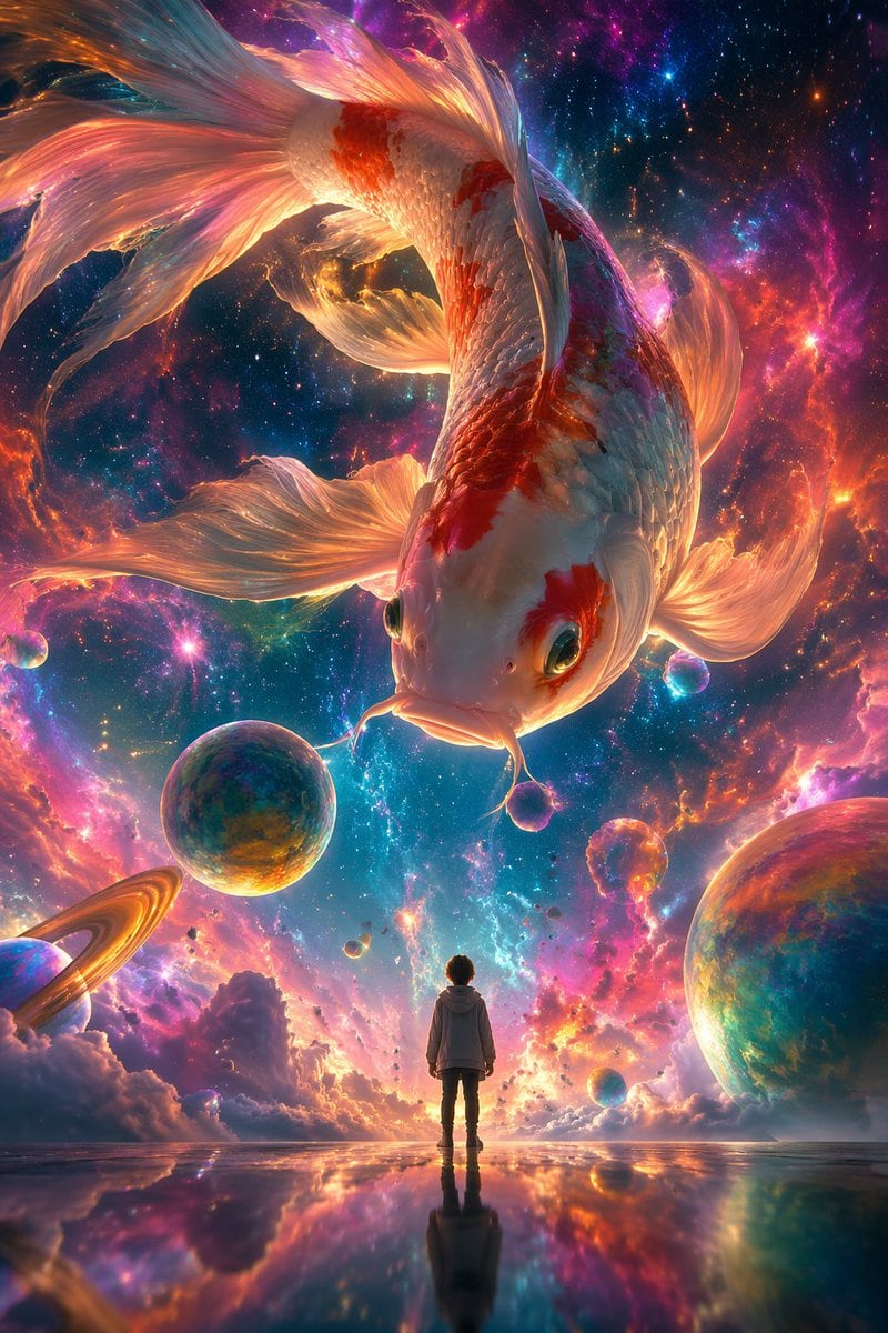 一个关于超现实主义数字插画的提示词,画面描绘了一条在星云中游动的巨型彩色锦鲤,并以微小的人类形象作为比例参照。